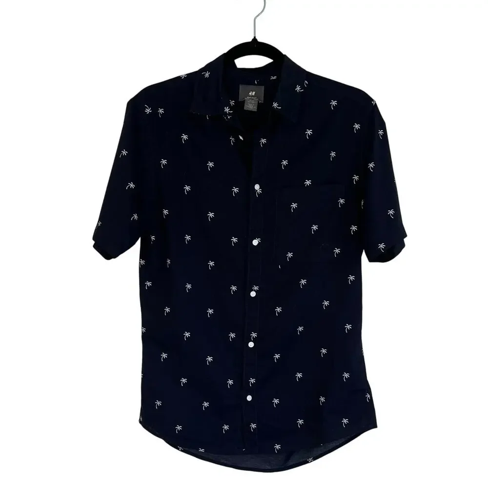 Men's H&M navy /palm tree print casual button front shirt Size XS